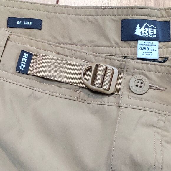 REI Co-op Cargo Pants Men 36x32* Tan Sahara Roll Up Relax Fit Belted Hike Khakis - Picture 2 of 14